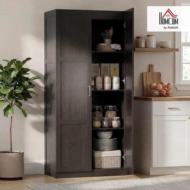 Alt view image 2 of 7 - 71" Tall Kitchen Pantry Cabinet with 4 Adjustable Shelves Espresso | Large Multipurpose Storage Cabinet, Modern Farmhouse Freestanding Food Pantry, Framed Doors, Soft-Close Hinges