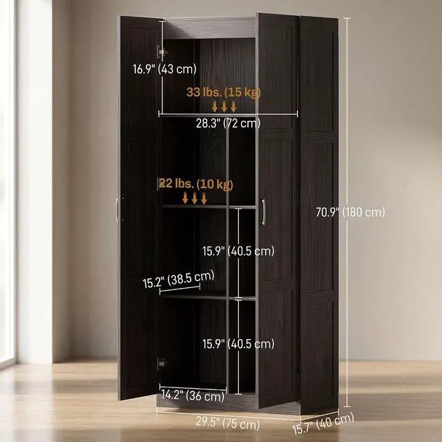 Alt view image 3 of 7 - 71" Tall Kitchen Pantry Cabinet with 4 Adjustable Shelves Espresso | Large Multipurpose Storage Cabinet, Modern Farmhouse Freestanding Food Pantry, Framed Doors, Soft-Close Hinges