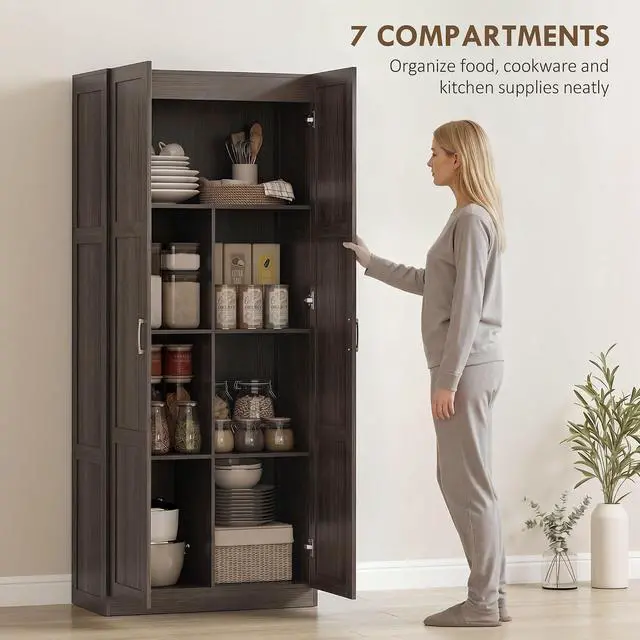 Alt view image 4 of 7 - 71" Tall Kitchen Pantry Cabinet with 4 Adjustable Shelves Espresso | Large Multipurpose Storage Cabinet, Modern Farmhouse Freestanding Food Pantry, Framed Doors, Soft-Close Hinges