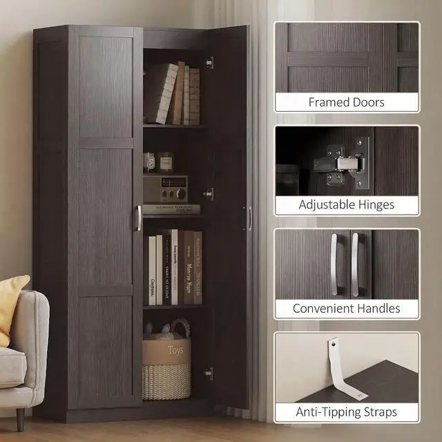 Alt view image 7 of 7 - 71" Tall Kitchen Pantry Cabinet with 4 Adjustable Shelves Espresso | Large Multipurpose Storage Cabinet, Modern Farmhouse Freestanding Food Pantry, Framed Doors, Soft-Close Hinges