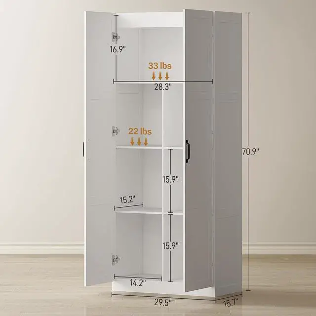 Alt view image 3 of 7 - 71" Tall Kitchen Pantry Cabinet with 4 Adjustable Shelves White | Large Multipurpose Storage Cabinet, Modern Farmhouse Freestanding Food Pantry, Framed Doors, Soft-Close Hinges