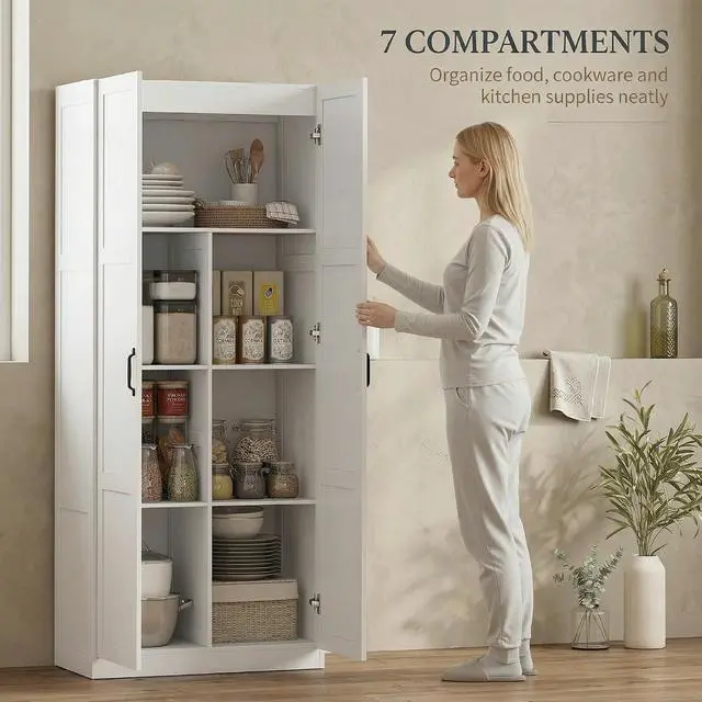 Alt view image 4 of 7 - 71" Tall Kitchen Pantry Cabinet with 4 Adjustable Shelves White | Large Multipurpose Storage Cabinet, Modern Farmhouse Freestanding Food Pantry, Framed Doors, Soft-Close Hinges