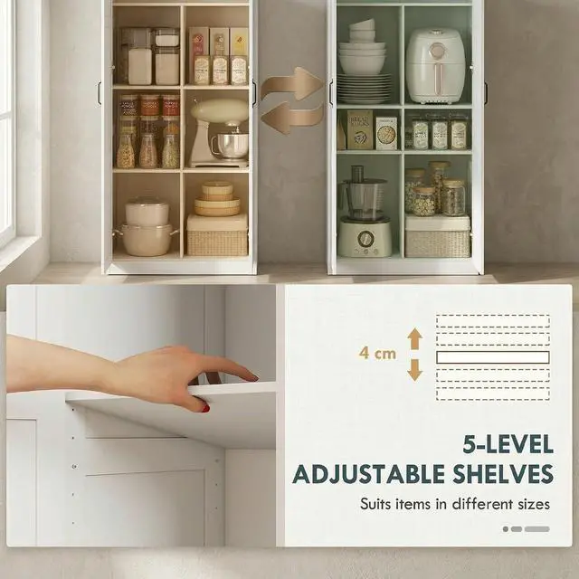 Alt view image 5 of 7 - 71" Tall Kitchen Pantry Cabinet with 4 Adjustable Shelves White | Large Multipurpose Storage Cabinet, Modern Farmhouse Freestanding Food Pantry, Framed Doors, Soft-Close Hinges