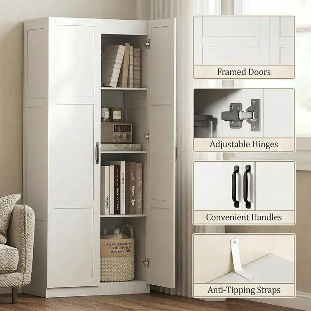 Alt view image 7 of 7 - 71" Tall Kitchen Pantry Cabinet with 4 Adjustable Shelves White | Large Multipurpose Storage Cabinet, Modern Farmhouse Freestanding Food Pantry, Framed Doors, Soft-Close Hinges