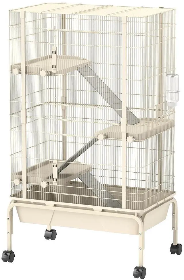 Main image of PawHut 47" Small Animal Cage, 4 Levels Large Rolling for Syrian Beige | Metal Ferret Chinchilla Rabbit Cage, 5.9" Deep Tray, 3 Ramps, Water Bottle, Food Dish, Squirrel