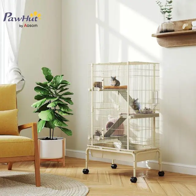 Alt view image 2 of 7 - PawHut 47" Small Animal Cage, 4 Levels Large Rolling for Syrian Beige | Metal Ferret Chinchilla Rabbit Cage, 5.9" Deep Tray, 3 Ramps, Water Bottle, Food Dish, Squirrel