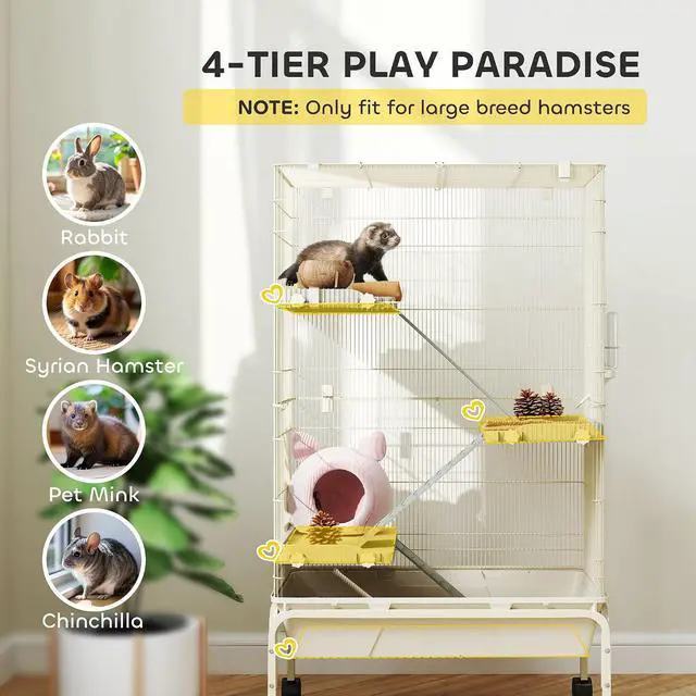 Alt view image 3 of 7 - PawHut 47" Small Animal Cage, 4 Levels Large Rolling for Syrian Beige | Metal Ferret Chinchilla Rabbit Cage, 5.9" Deep Tray, 3 Ramps, Water Bottle, Food Dish, Squirrel