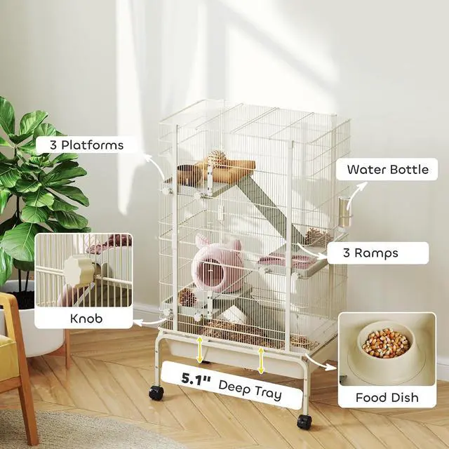 Alt view image 4 of 7 - PawHut 47" Small Animal Cage, 4 Levels Large Rolling for Syrian Beige | Metal Ferret Chinchilla Rabbit Cage, 5.9" Deep Tray, 3 Ramps, Water Bottle, Food Dish, Squirrel