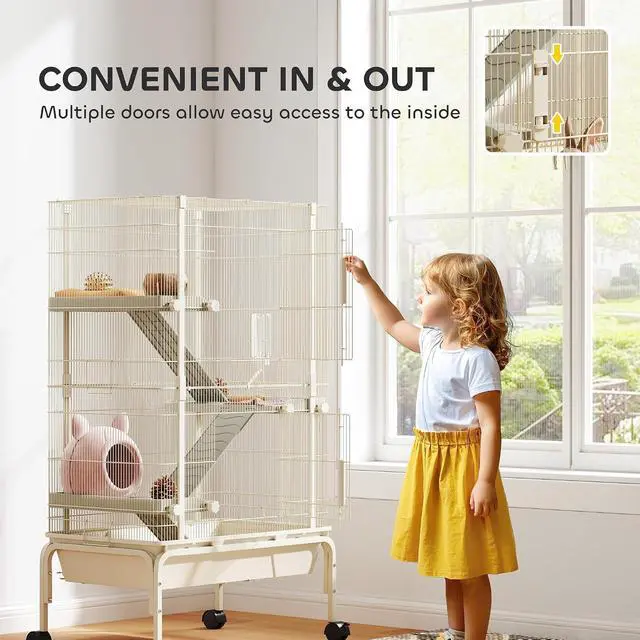 Alt view image 5 of 7 - PawHut 47" Small Animal Cage, 4 Levels Large Rolling for Syrian Beige | Metal Ferret Chinchilla Rabbit Cage, 5.9" Deep Tray, 3 Ramps, Water Bottle, Food Dish, Squirrel