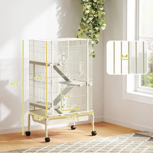 Alt view image 7 of 7 - PawHut 47" Small Animal Cage, 4 Levels Large Rolling for Syrian Beige | Metal Ferret Chinchilla Rabbit Cage, 5.9" Deep Tray, 3 Ramps, Water Bottle, Food Dish, Squirrel