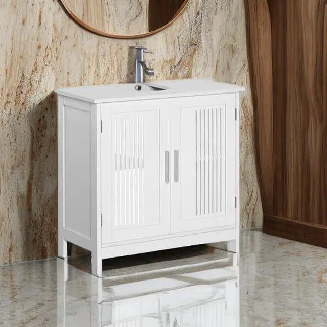 Alt view image 6 of 7 - kleankin Modern Under Sink Cabinet with 2 Doors, Pedestal Under Sink Bathroom Cupboard, Bathroom Vanity Cabinet with Adjustable Shelves, White