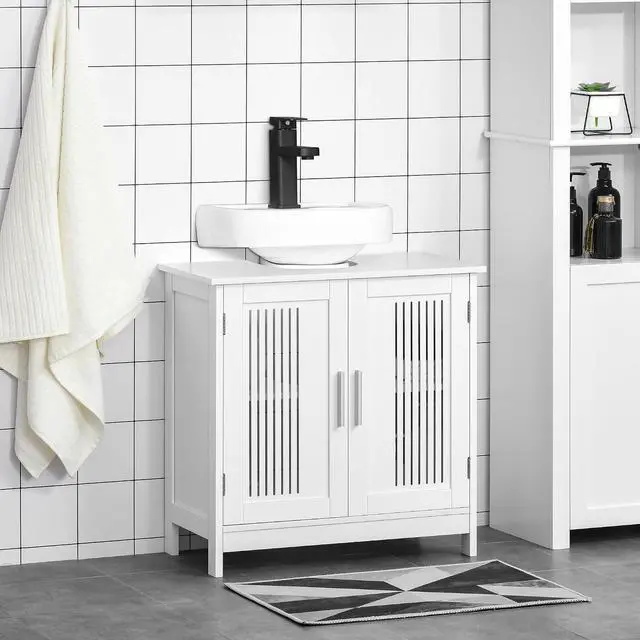 Alt view image 2 of 7 - kleankin Modern Under Sink Cabinet with 2 Doors, Pedestal Under Sink Bathroom Cupboard, Bathroom Vanity Cabinet with Adjustable Shelves, White