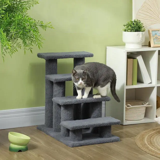 Alt view image 2 of 7 - PawHut 25" 4-Step Multi-Level Cat Scratching Post Gray | Carpeted Pet Stairs