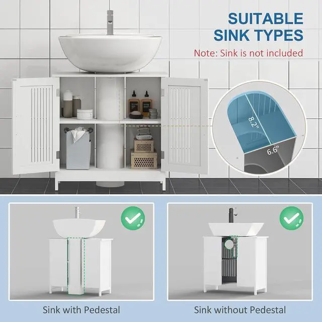 Alt view image 4 of 7 - kleankin Modern Under Sink Cabinet with 2 Doors, Pedestal Under Sink Bathroom Cupboard, Bathroom Vanity Cabinet with Adjustable Shelves, White