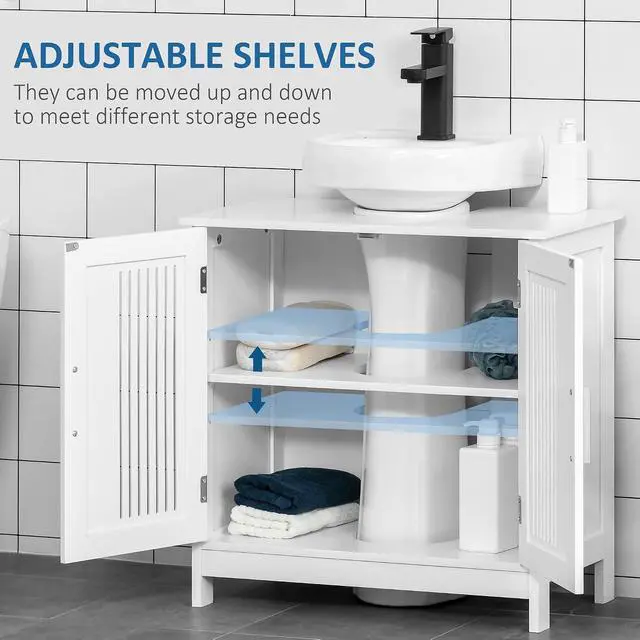Alt view image 5 of 7 - kleankin Modern Under Sink Cabinet with 2 Doors, Pedestal Under Sink Bathroom Cupboard, Bathroom Vanity Cabinet with Adjustable Shelves, White