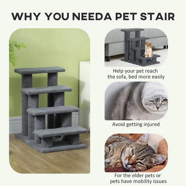 Alt view image 4 of 7 - PawHut 25" 4-Step Multi-Level Cat Scratching Post Gray | Carpeted Pet Stairs