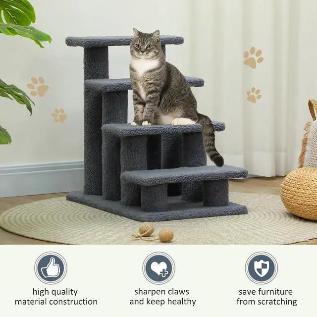Alt view image 5 of 7 - PawHut 25" 4-Step Multi-Level Cat Scratching Post Gray | Carpeted Pet Stairs