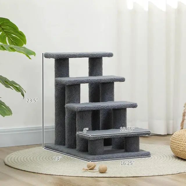 Alt view image 7 of 7 - PawHut 25" 4-Step Multi-Level Cat Scratching Post Gray | Carpeted Pet Stairs