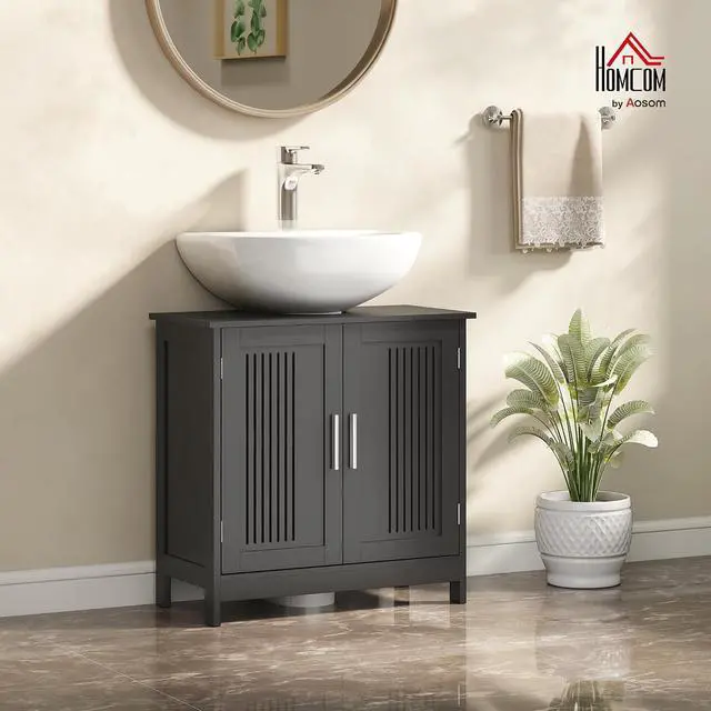 Alt view image 2 of 7 - kleankin Modern Under Sink Cabinet Pedestal Bathroom Cabinet Black | 2 Doors, Bathroom Vanity, Adjustable Shelves