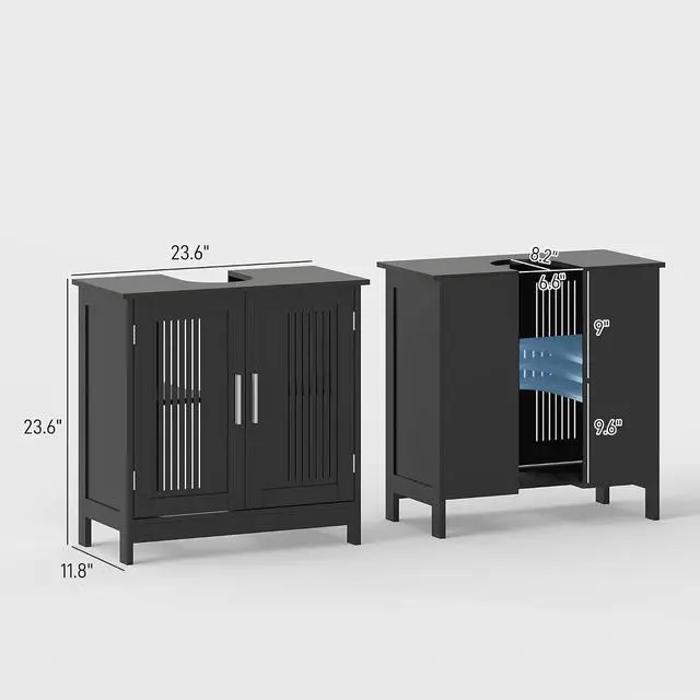 Alt view image 3 of 7 - kleankin Modern Under Sink Cabinet Pedestal Bathroom Cabinet Black | 2 Doors, Bathroom Vanity, Adjustable Shelves