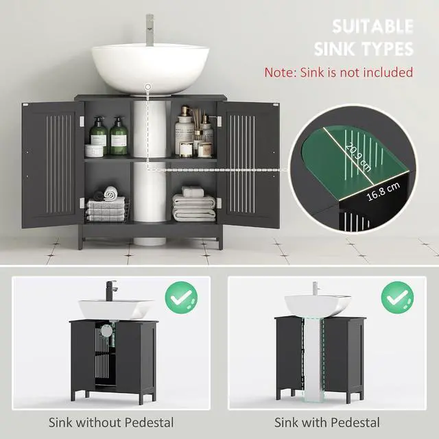 Alt view image 4 of 7 - kleankin Modern Under Sink Cabinet Pedestal Bathroom Cabinet Black | 2 Doors, Bathroom Vanity, Adjustable Shelves