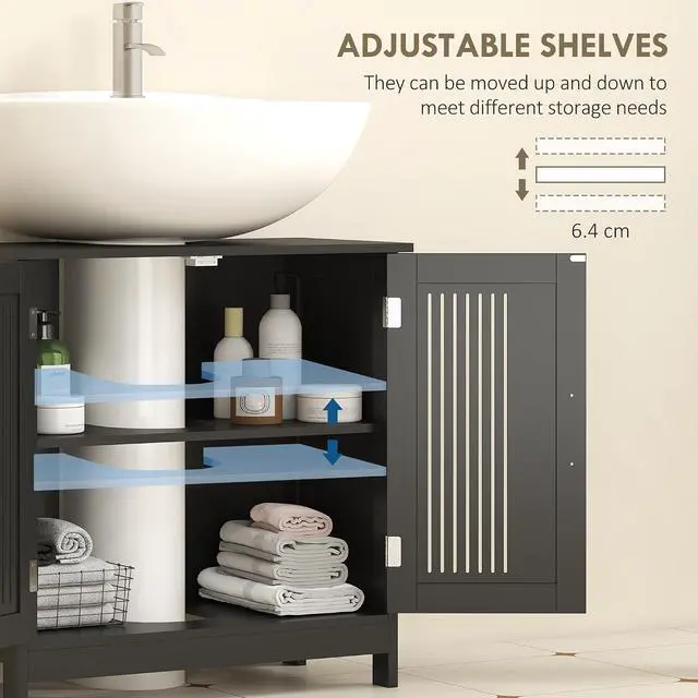 Alt view image 5 of 7 - kleankin Modern Under Sink Cabinet Pedestal Bathroom Cabinet Black | 2 Doors, Bathroom Vanity, Adjustable Shelves