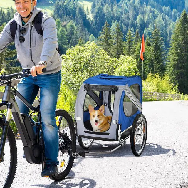 Alt view image 2 of 7 - Dog Bike Trailer Easy Folding Cart Frame 20" Wheels | Pet Wagon Bicycle Trailer, Large Rubber Wheels, 3 Entrances, Mesh Screen, Off-Road and Travel
