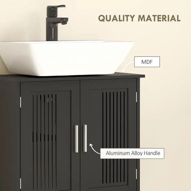 Alt view image 6 of 7 - kleankin Modern Under Sink Cabinet Pedestal Bathroom Cabinet Black | 2 Doors, Bathroom Vanity, Adjustable Shelves