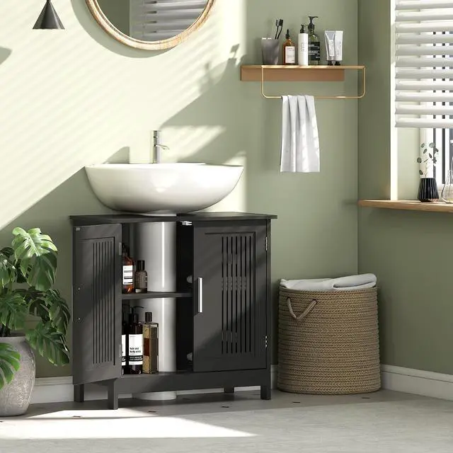 Alt view image 7 of 7 - kleankin Modern Under Sink Cabinet Pedestal Bathroom Cabinet Black | 2 Doors, Bathroom Vanity, Adjustable Shelves