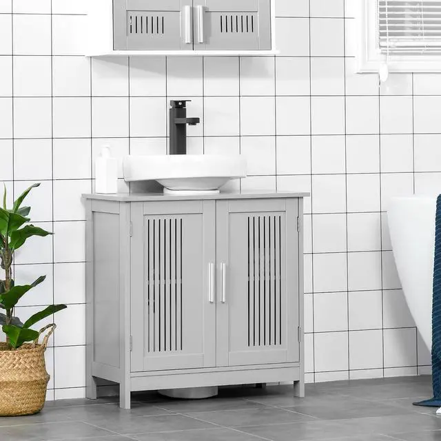 Alt view image 2 of 7 - kleankin Modern Under Sink Cabinet Pedestal Bathroom Cabinet Gray | 2 Doors, Bathroom Vanity, Adjustable Shelves