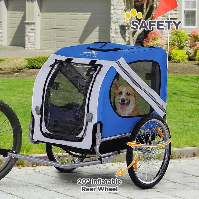 Alt view image 7 of 7 - Dog Bike Trailer Easy Folding Cart Frame 20" Wheels | Pet Wagon Bicycle Trailer, Large Rubber Wheels, 3 Entrances, Mesh Screen, Off-Road and Travel
