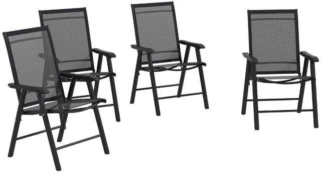Main image of Set of 4 Patio Folding Chairs Armrests Black | Stackable Outdoor Sling Patio Dining Chairs, for Lawn Camping Dining Beach, Metal Frame, No Assembly