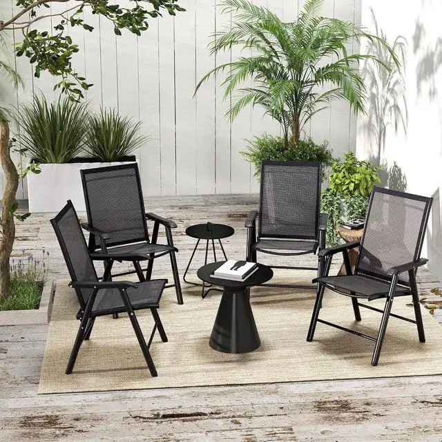 Alt view image 2 of 6 - Set of 4 Patio Folding Chairs Armrests Black | Stackable Outdoor Sling Patio Dining Chairs, for Lawn Camping Dining Beach, Metal Frame, No Assembly