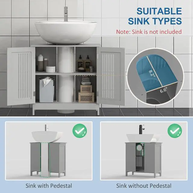 Alt view image 4 of 7 - kleankin Modern Under Sink Cabinet Pedestal Bathroom Cabinet Gray | 2 Doors, Bathroom Vanity, Adjustable Shelves