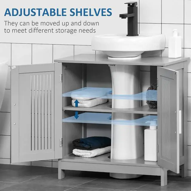 Alt view image 5 of 7 - kleankin Modern Under Sink Cabinet Pedestal Bathroom Cabinet Gray | 2 Doors, Bathroom Vanity, Adjustable Shelves