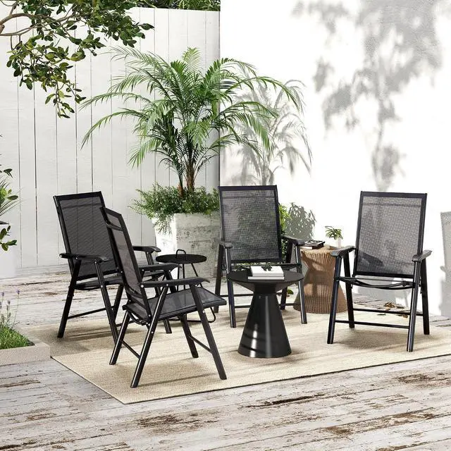 Alt view image 6 of 6 - Set of 4 Patio Folding Chairs Armrests Black | Stackable Outdoor Sling Patio Dining Chairs, for Lawn Camping Dining Beach, Metal Frame, No Assembly