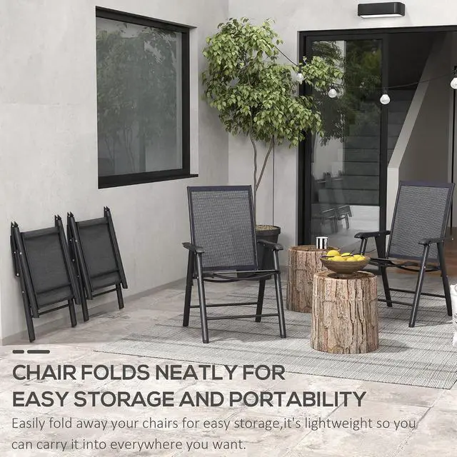 Alt view image 4 of 6 - Set of 4 Patio Folding Chairs Armrests Black | Stackable Outdoor Sling Patio Dining Chairs, for Lawn Camping Dining Beach, Metal Frame, No Assembly