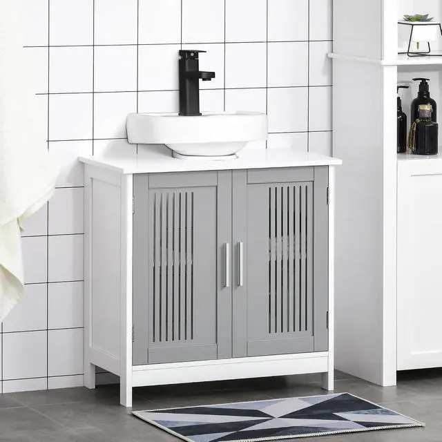 Alt view image 2 of 7 - kleankin Modern Under Sink Cabinet Pedestal Bathroom Cabinet Gray and White | 2 Doors, Bathroom Vanity, Adjustable Shelves