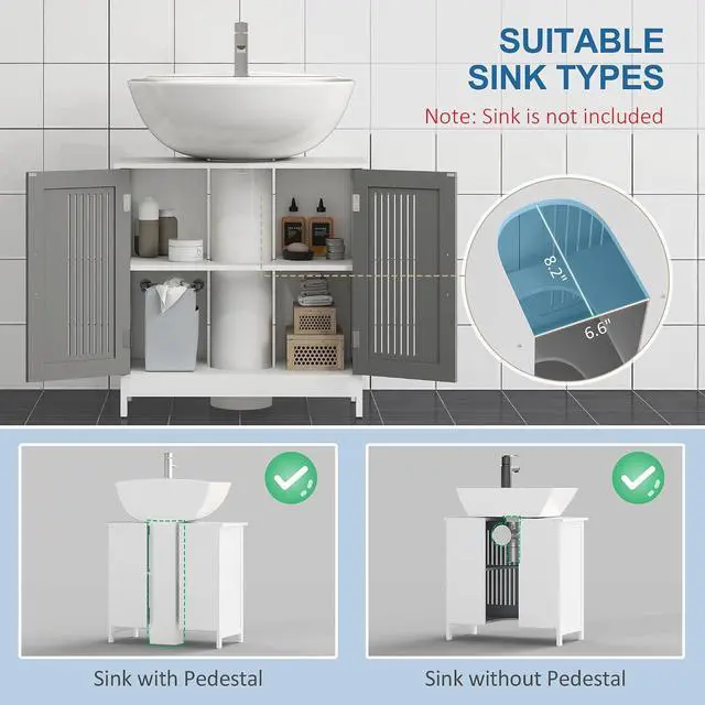 Alt view image 4 of 7 - kleankin Modern Under Sink Cabinet Pedestal Bathroom Cabinet Gray and White | 2 Doors, Bathroom Vanity, Adjustable Shelves