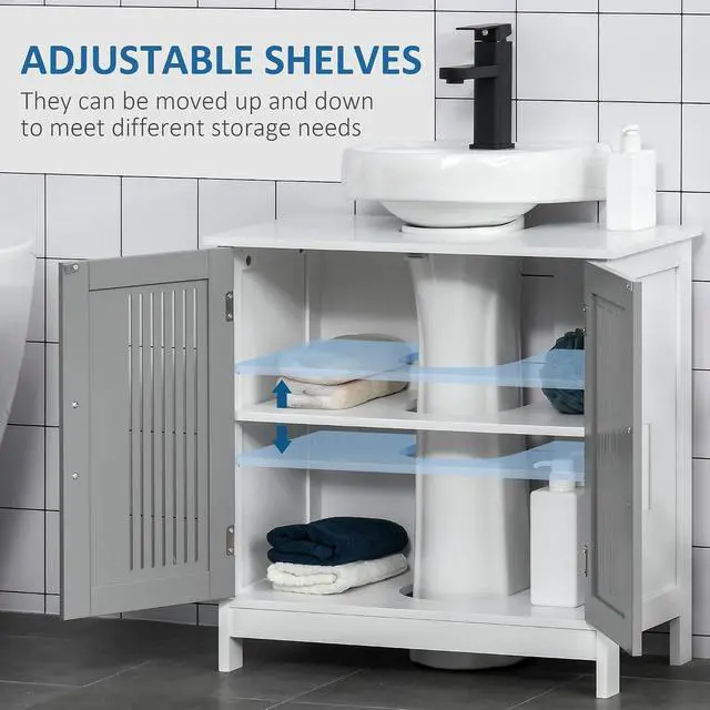 Alt view image 5 of 7 - kleankin Modern Under Sink Cabinet Pedestal Bathroom Cabinet Gray and White | 2 Doors, Bathroom Vanity, Adjustable Shelves