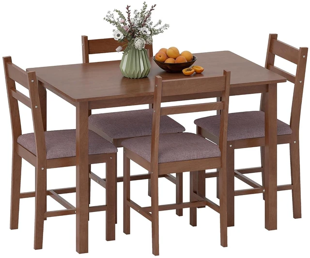 Main image of 5-Piece Solid Wood Dining Table Set for 4, Light Brown and Brown | Farmhouse Kitchen Table, Upholstered Chairs, Small Space, Dining Room, Breakfast Nook
