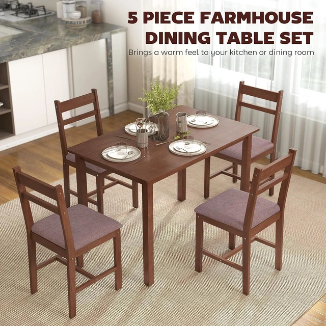 Alt view image 3 of 7 - 5-Piece Solid Wood Dining Table Set for 4, Light Brown and Brown | Farmhouse Kitchen Table, Upholstered Chairs, Small Space, Dining Room, Breakfast Nook