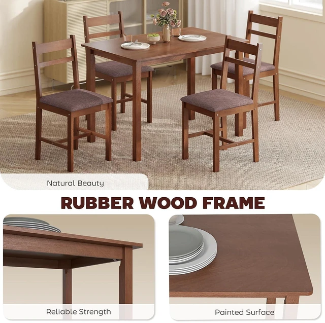 Alt view image 4 of 7 - 5-Piece Solid Wood Dining Table Set for 4, Light Brown and Brown | Farmhouse Kitchen Table, Upholstered Chairs, Small Space, Dining Room, Breakfast Nook