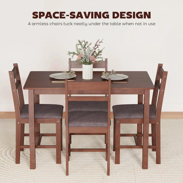 Alt view image 6 of 7 - 5-Piece Solid Wood Dining Table Set for 4, Light Brown and Brown | Farmhouse Kitchen Table, Upholstered Chairs, Small Space, Dining Room, Breakfast Nook