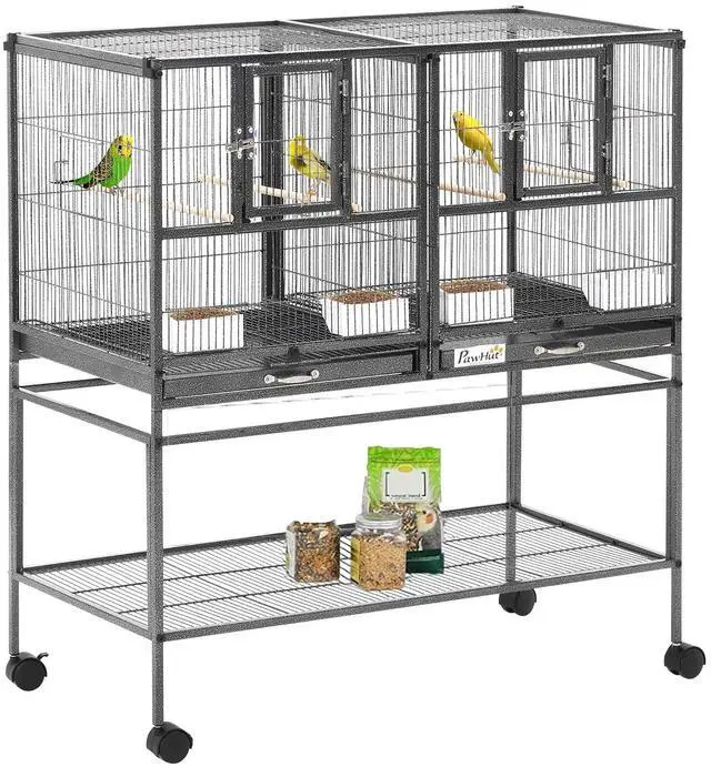 Main image of PawHut Divided Breeder Bird Cage with Rolling Stand Removable Metal Tray | Storage Shelf, Wood Perch, Food Container