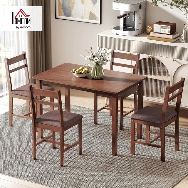 Alt view image 2 of 7 - 5-Piece Solid Wood Dining Table Set for 4, Light Brown and Brown | Farmhouse Kitchen Table, Upholstered Chairs, Small Space, Dining Room, Breakfast Nook