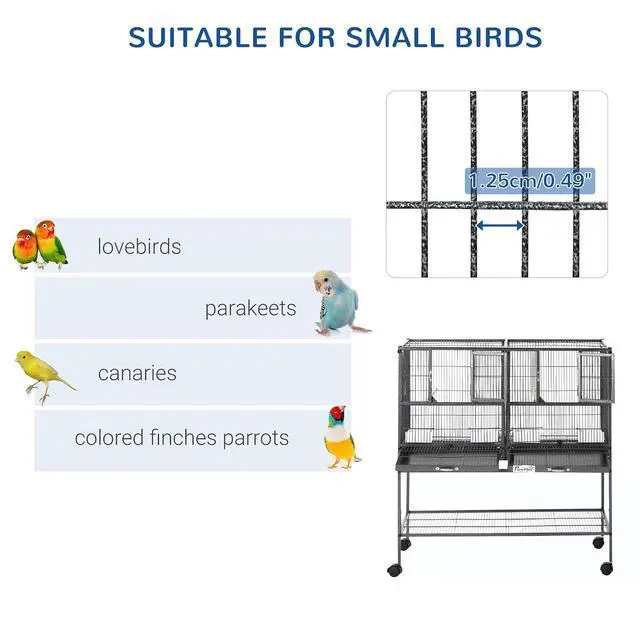 Alt view image 4 of 7 - PawHut Divided Breeder Bird Cage with Rolling Stand Removable Metal Tray | Storage Shelf, Wood Perch, Food Container