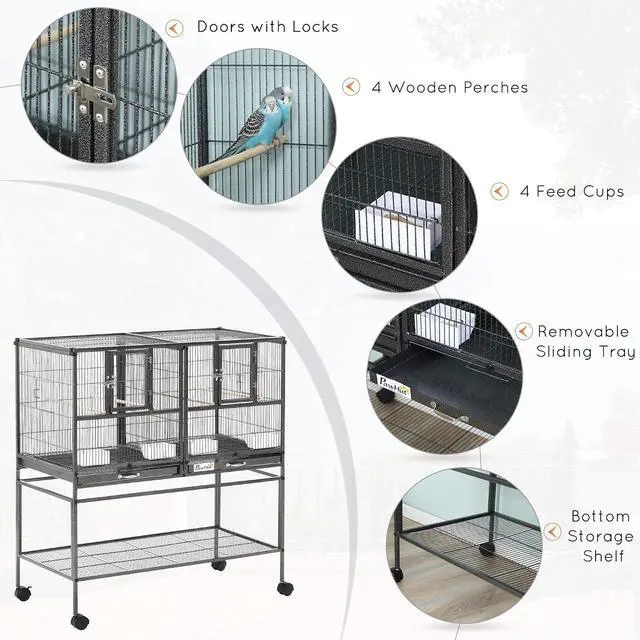 Alt view image 3 of 7 - PawHut Divided Breeder Bird Cage with Rolling Stand Removable Metal Tray | Storage Shelf, Wood Perch, Food Container