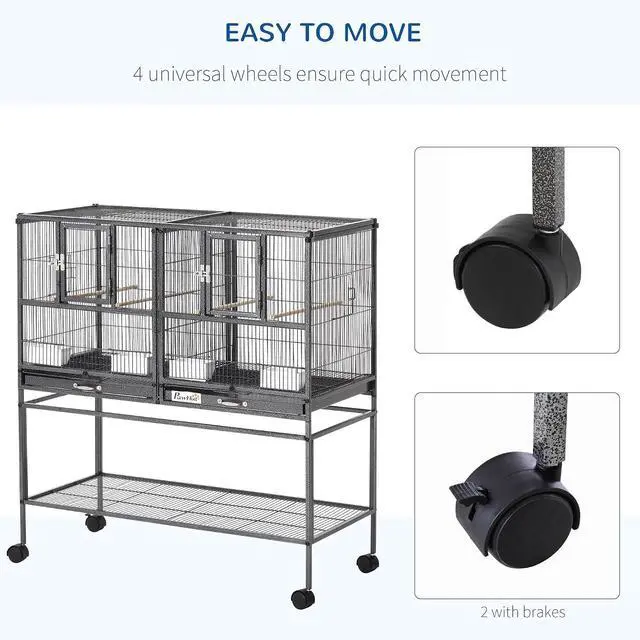 Alt view image 5 of 7 - PawHut Divided Breeder Bird Cage with Rolling Stand Removable Metal Tray | Storage Shelf, Wood Perch, Food Container