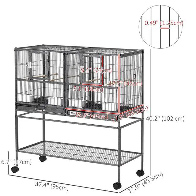 Alt view image 7 of 7 - PawHut Divided Breeder Bird Cage with Rolling Stand Removable Metal Tray | Storage Shelf, Wood Perch, Food Container